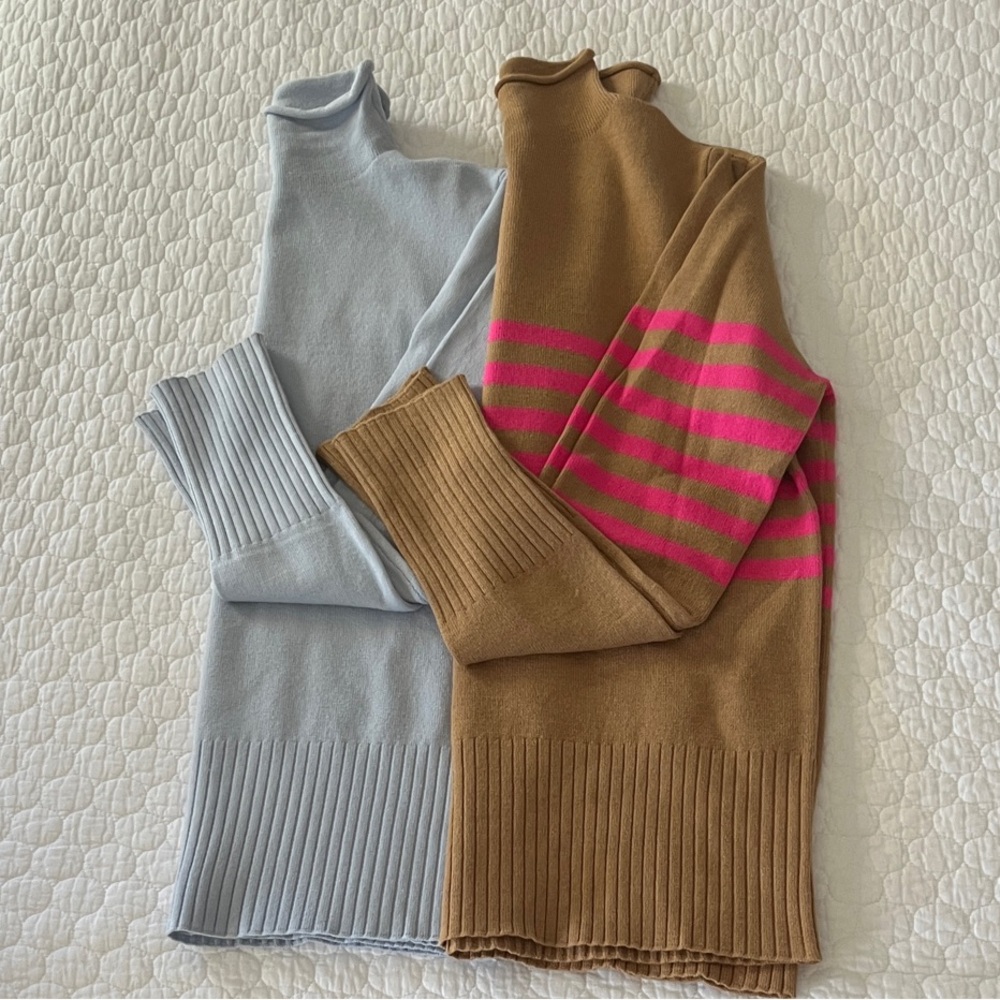 French Connection Women's Rollneck Sweater Set - Ice Blue and Tan with Pink